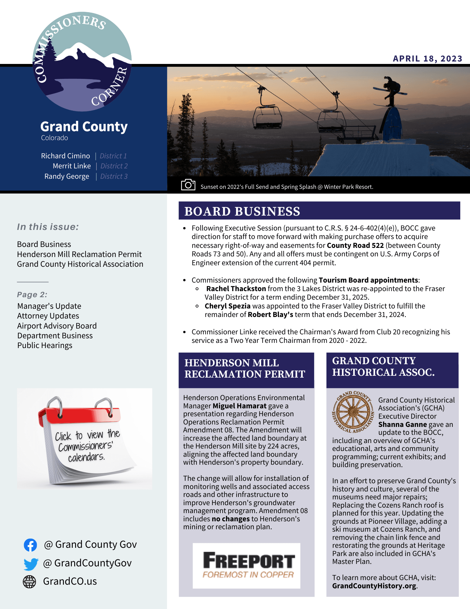 Front page of April 18 2023 GC BOCC Commissioners Corner newsletter