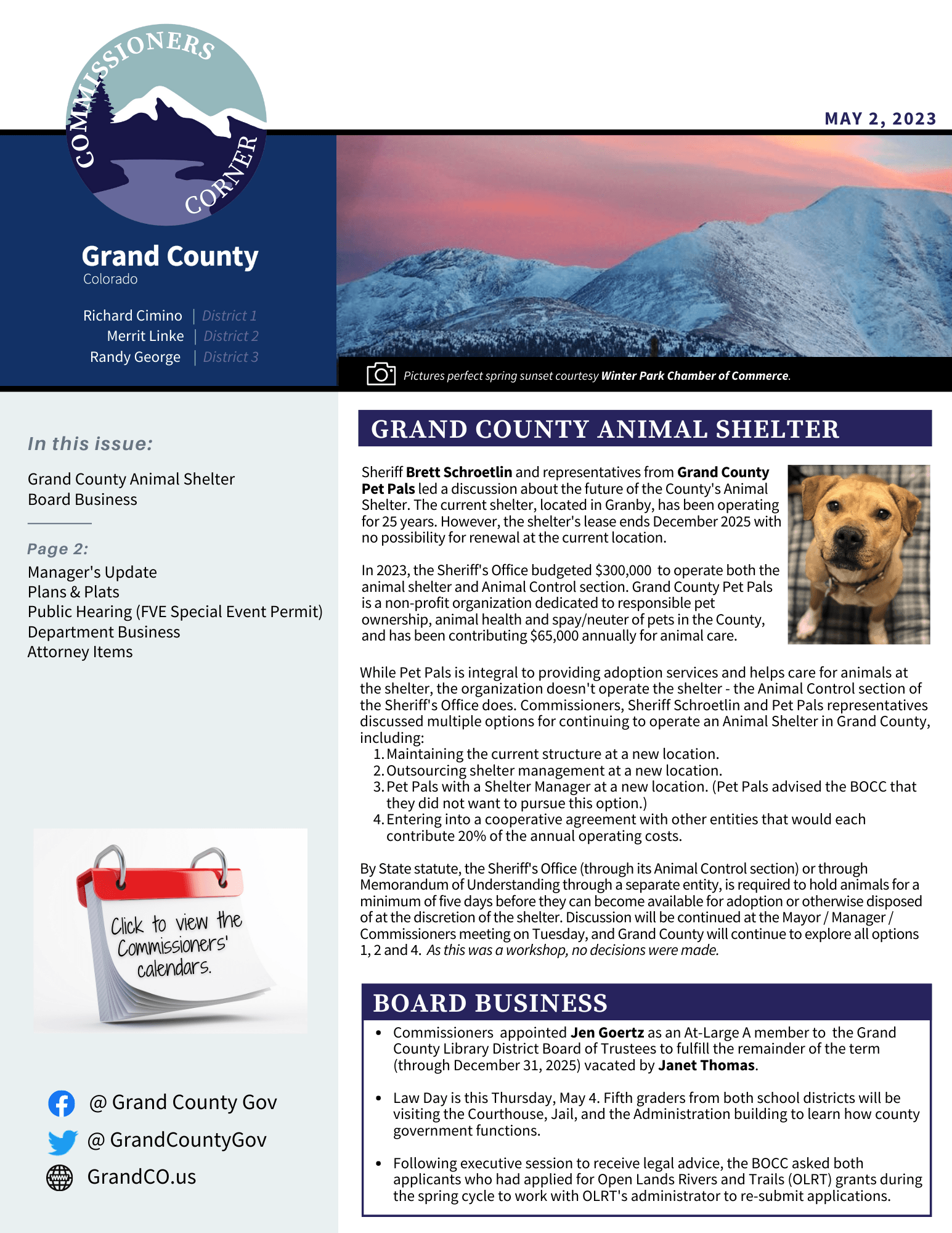 May 2, 2023 GC BOCC Commissioners Corner newsletter cover
