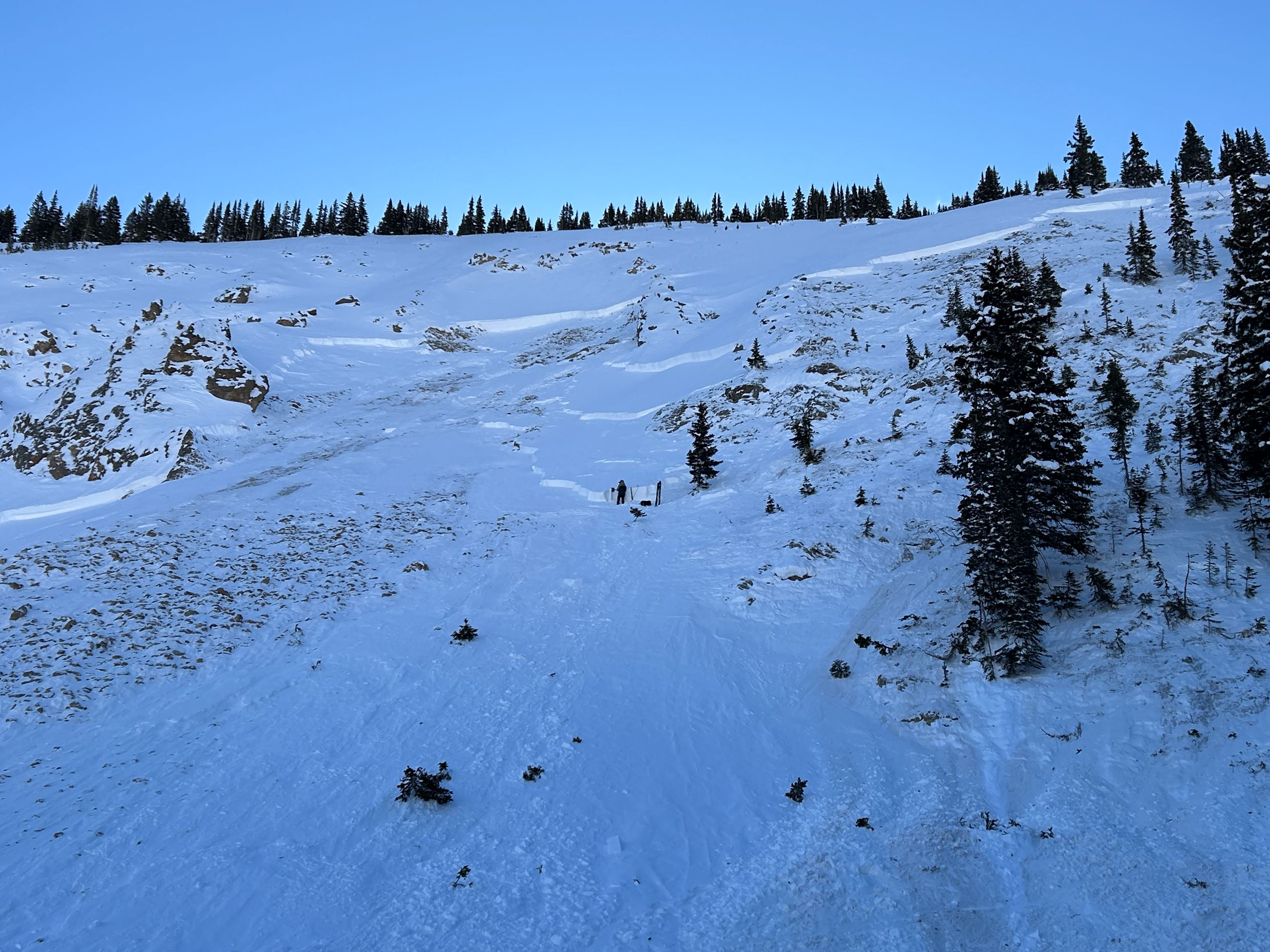 Looking up at the avalanche in High Trail Cliffs. 