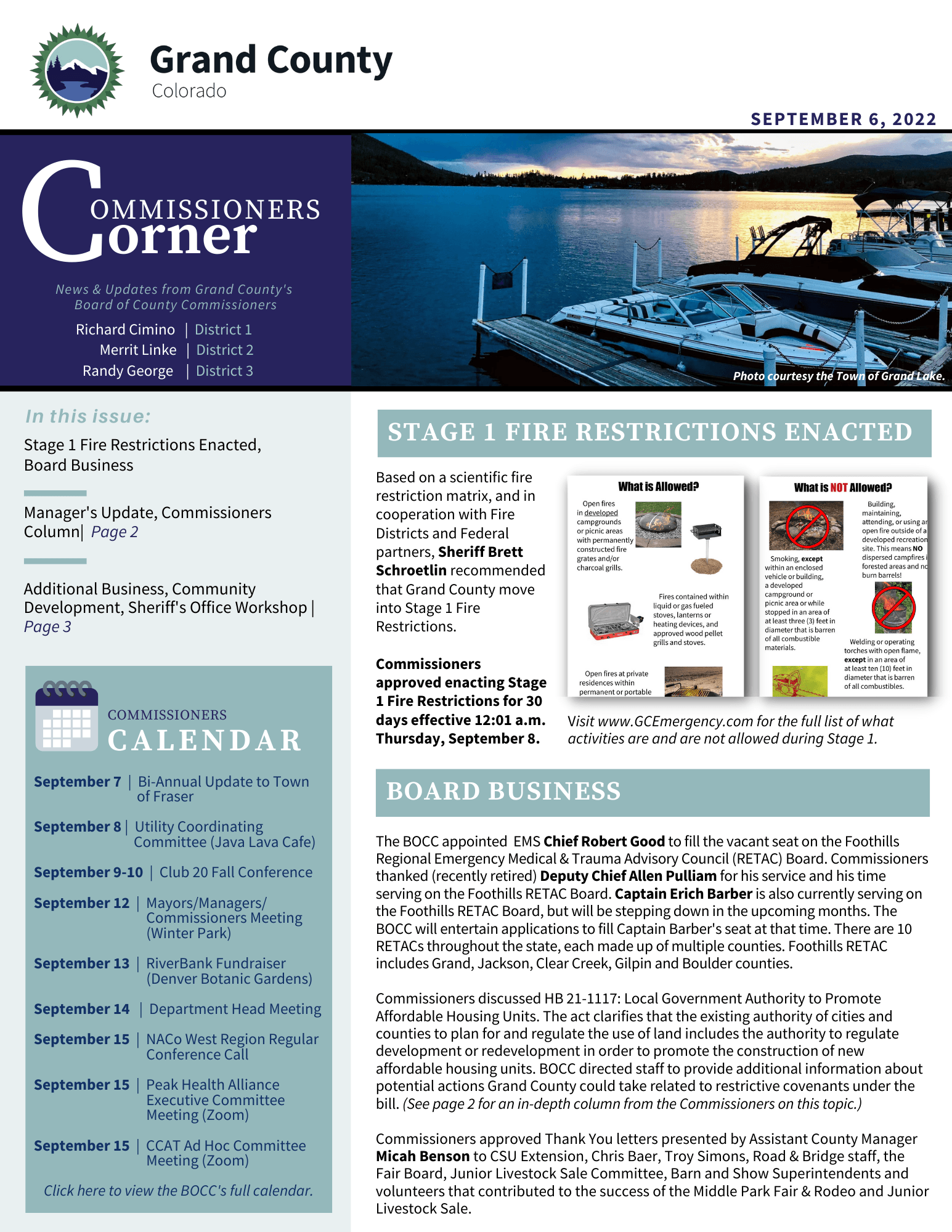 Sept 6 GC BOCC Commissioners Corner newsletter front page