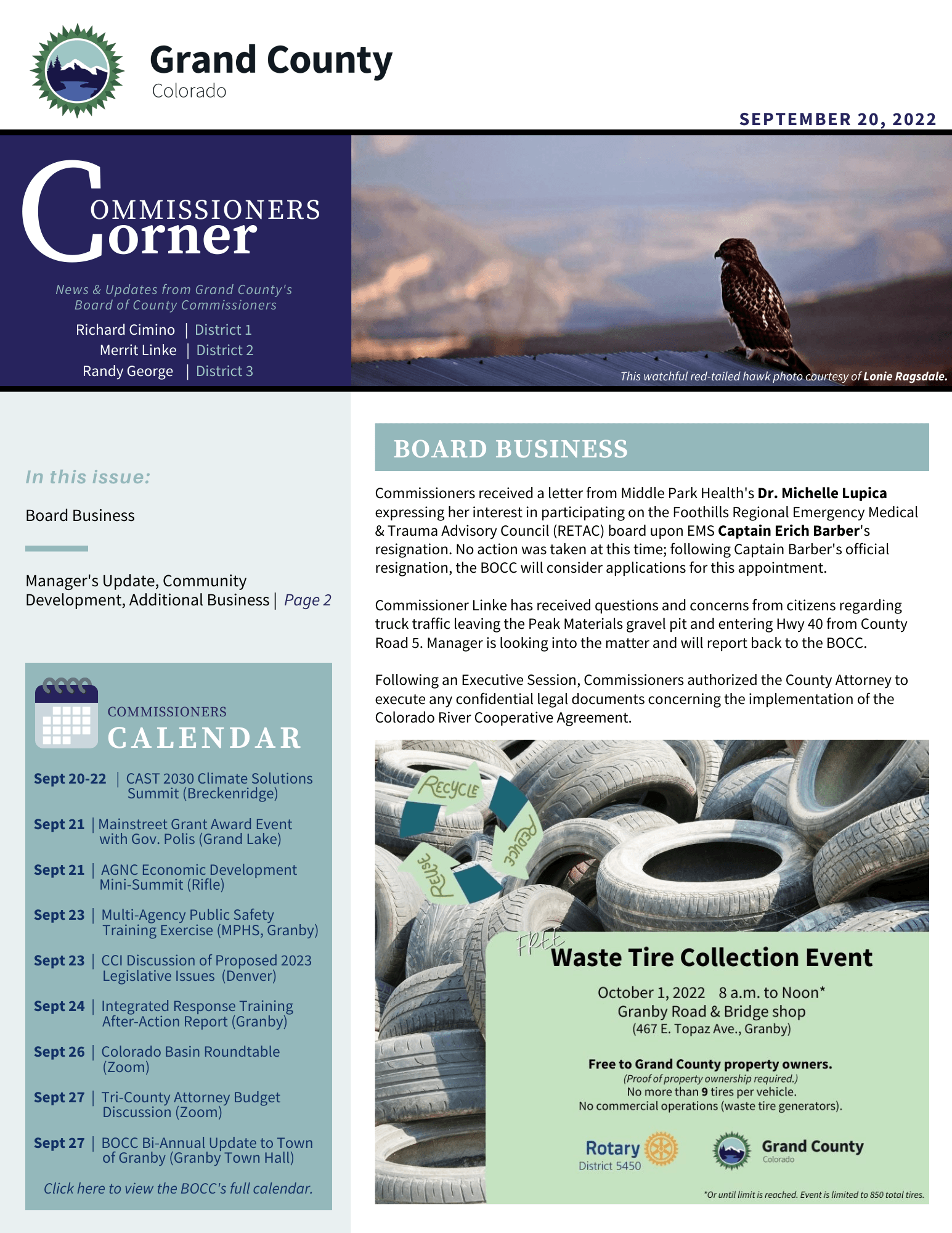 Cover page of Sept 20, 2022 BOCC Commissioners Corner newsletter