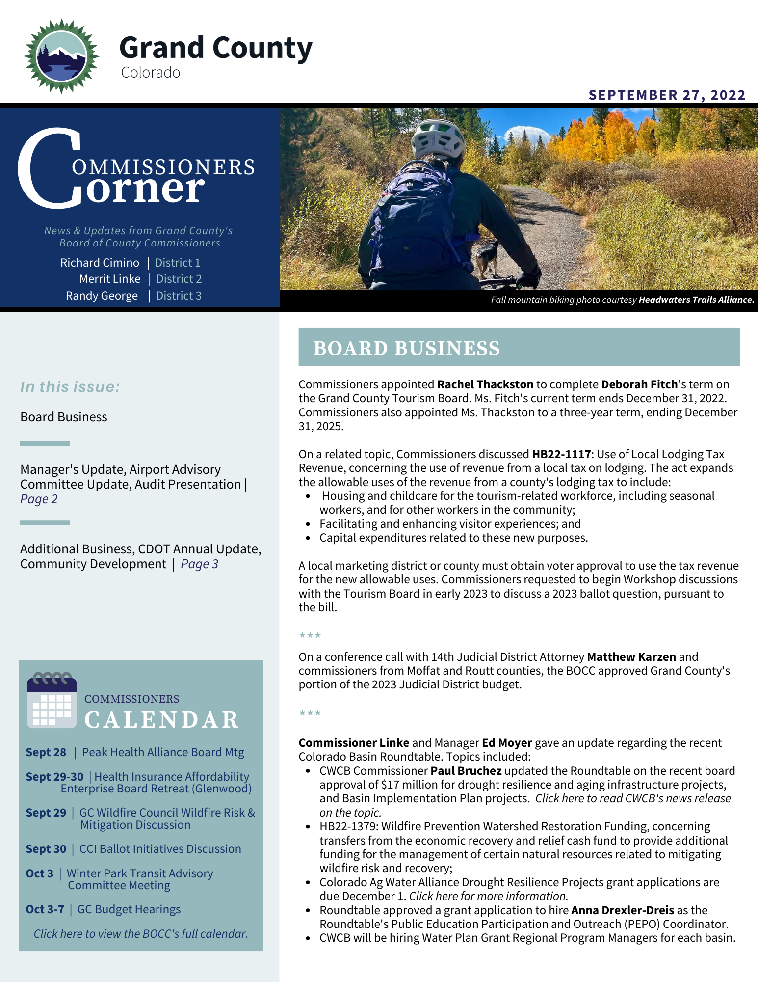 Sept 27 GC BOCC Commissioners Corner newsletter cover page