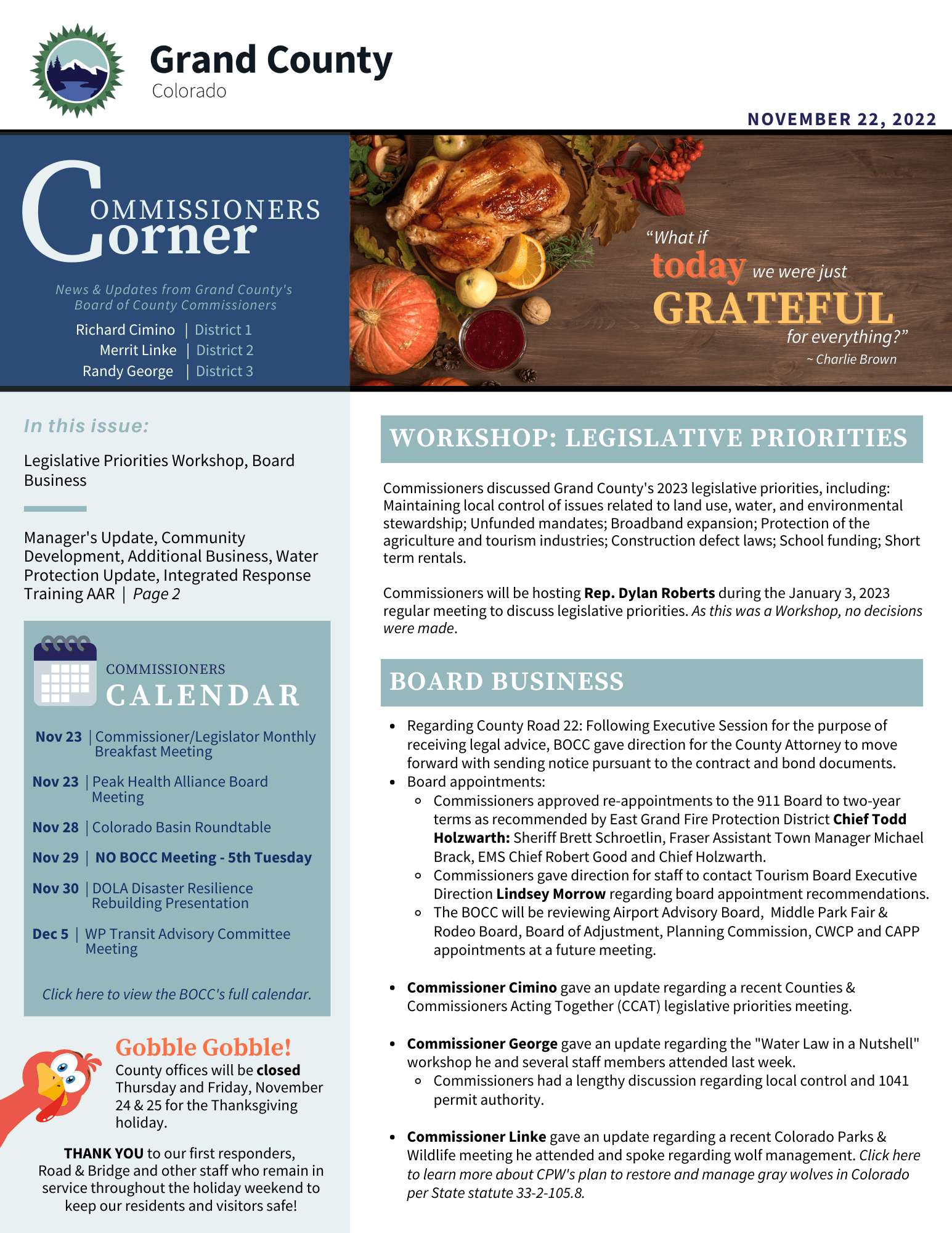 Nov 22 2022 GC BOCC Commissioners Corner newsletter cover